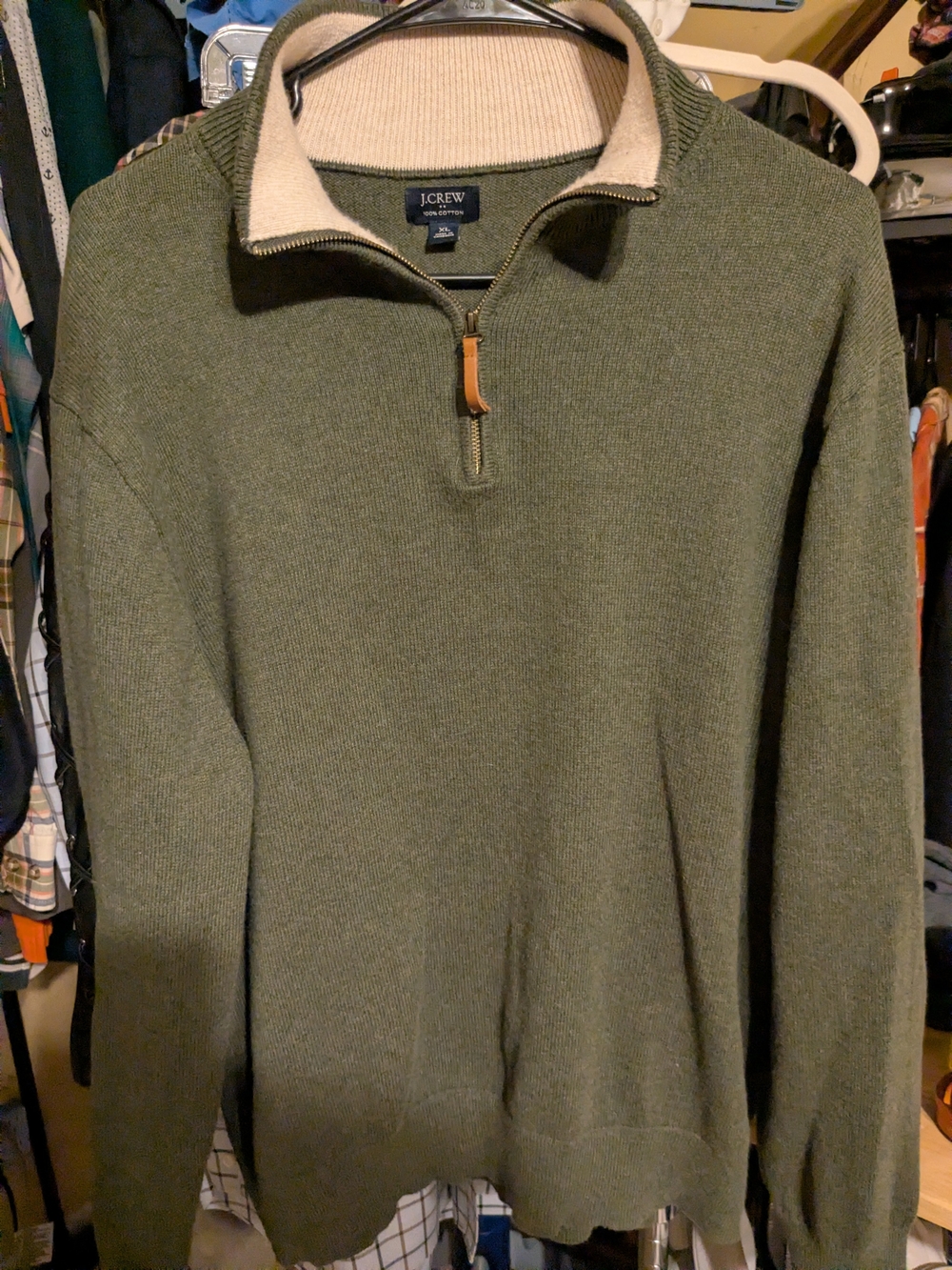 J. Crew Men's Xl Olive Green Quarter-Zip Sweater with Cream Trim